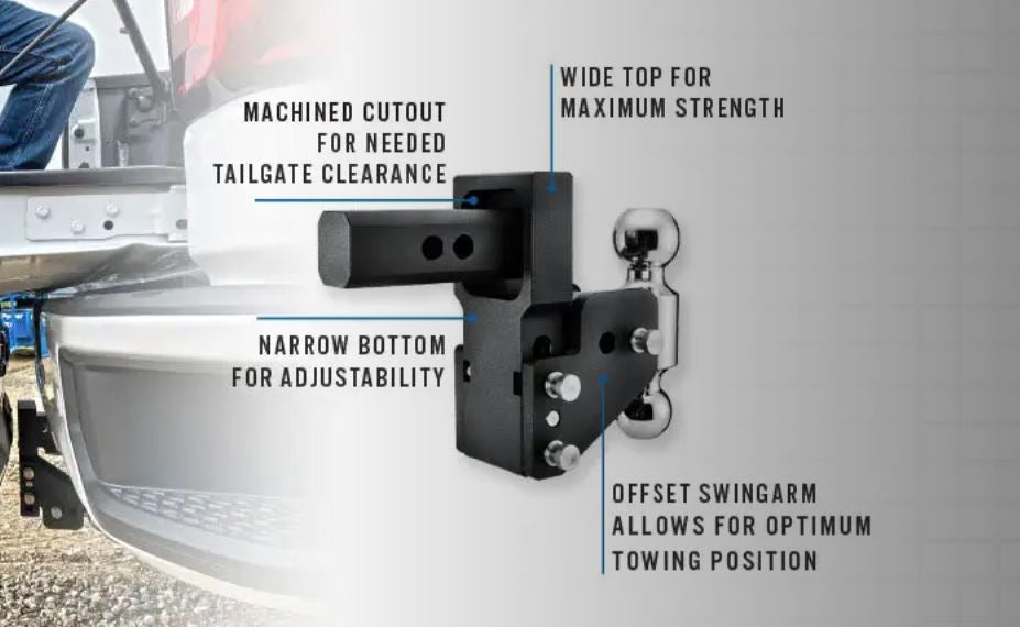 TOW & STOW ADJUSTABLE BALL MOUNT 2”x2 5/16” 5" DROP 6" RISE - Récréashop