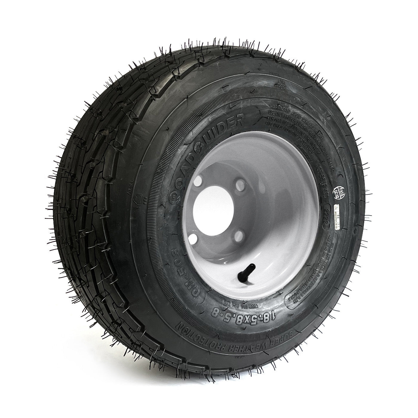 Pneu 215/60-8 18 1/2" x 8 1/2" x 8" 8 plis LRD 990 lbs Roadguider et jante 8" 4 trous blanche - RecreaShop