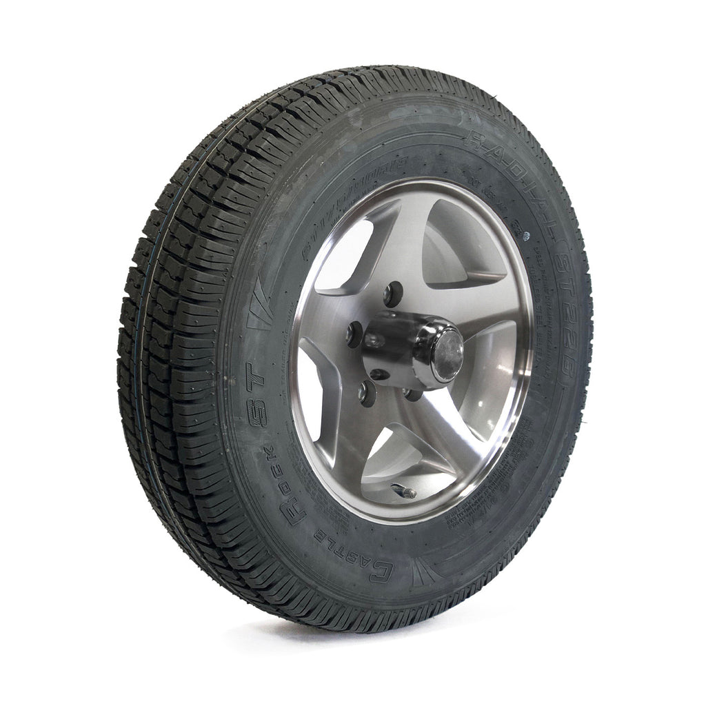 Pneu radial 175/80R13 6 plis LRC 1360 lbs Castle Rock et jante 13" 5 trous Five Star aluminium - RecreaShop