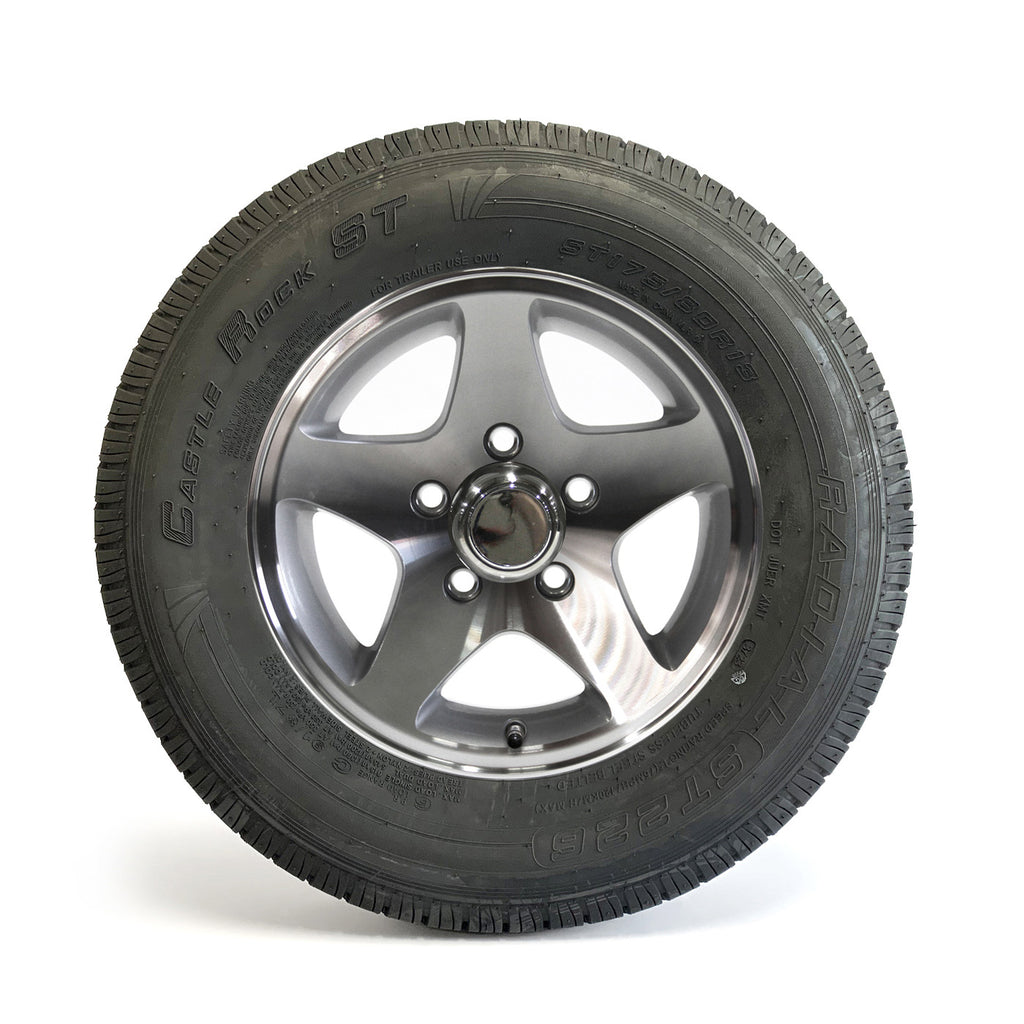 Pneu radial 175/80R13 6 plis LRC 1360 lbs Castle Rock et jante 13" 5 trous Five Star aluminium - RecreaShop