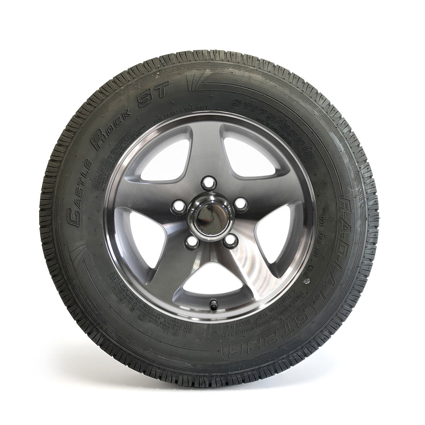 Pneu radial 175/80R13 6 plis LRC 1360 lbs Castle Rock et jante 13" 5 trous Five Star aluminium - RecreaShop