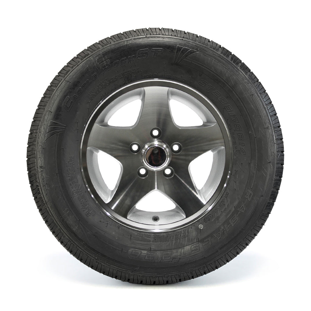 Pneu radial 205/75R14 8 plis LRD 2040 lbs Castle Rock et jante 14" 5 trous Five Star aluminium - RecreaShop