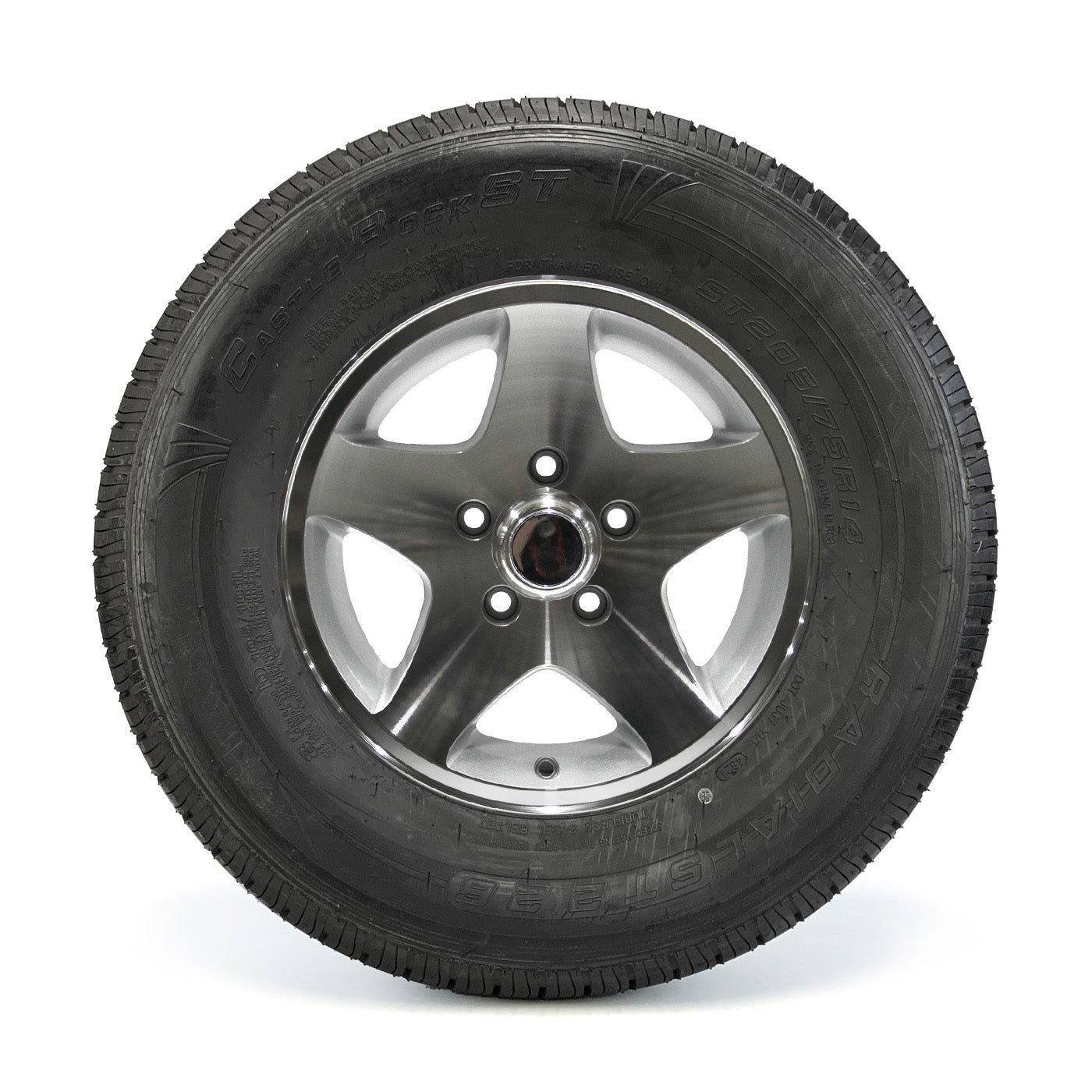 Pneu radial 205/75R14 8 plis LRD 2040 lbs Castle Rock et jante 14" 5 trous Five Star aluminium - RecreaShop