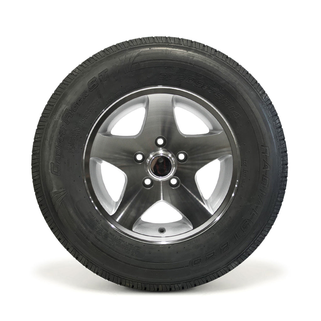 Pneu radial 205/75R14 6 plis LRC 1760 lbs Castle Rock et jante 14" 5 trous Five Star aluminium - RecreaShop
