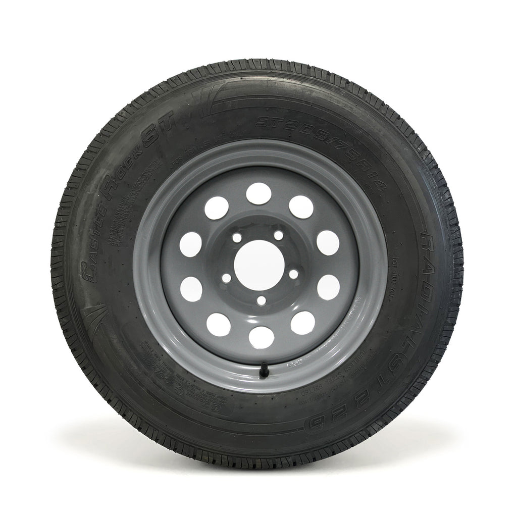 Pneu radial 205/75R14 6 plis LRC 1760 lbs Castle Rock et jante 14" 5 trous modulaire grise en acier - RecreaShop