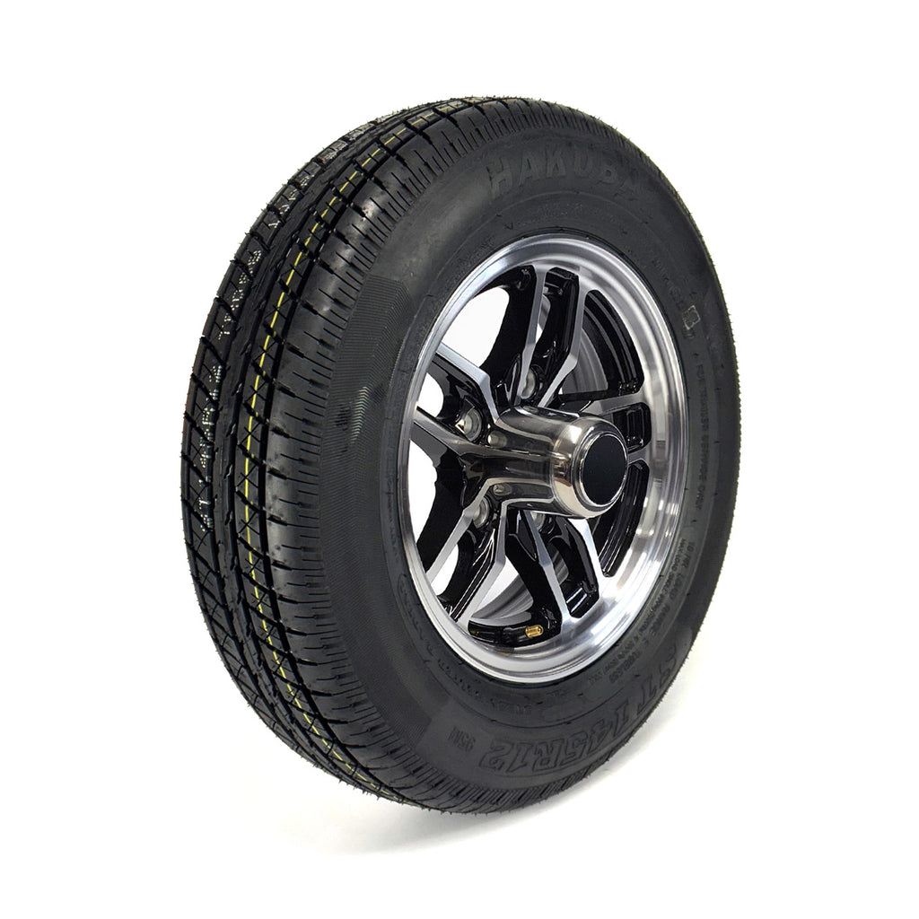 Pneu radial ST145R12 10 plis LRE 1520 lbs Hakuba et jante 12" 5 trous aluminium noir Osprey - RecreaShop