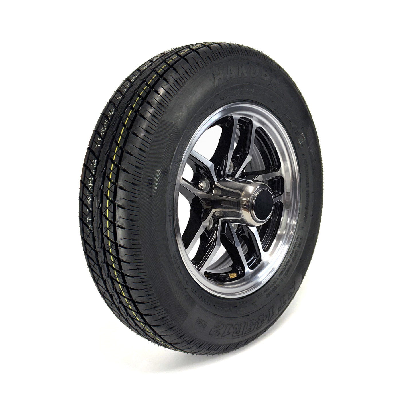 Pneu radial ST145R12 10 plis LRE 1520 lbs Hakuba et jante 12" 5 trous aluminium noir Osprey - RecreaShop
