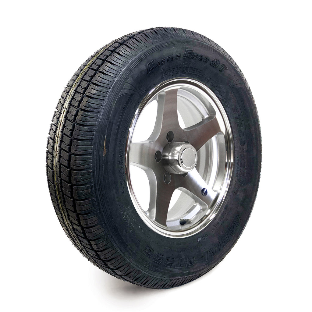 Pneu radial 205/75R15 6 plis LRC 1820 lbs Castle Rock et jante 15" 5 trous Five Star aluminium - RecreaShop