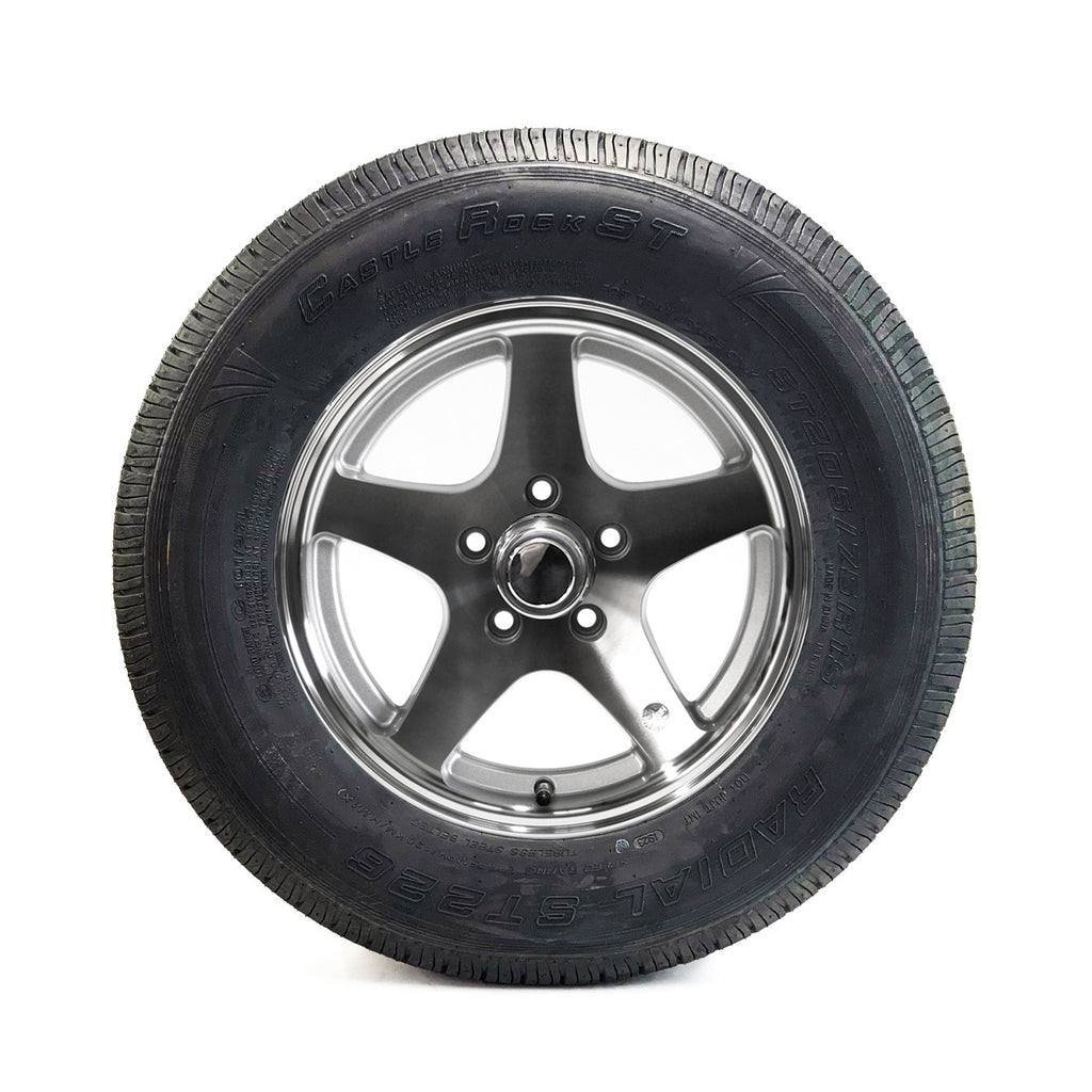 Pneu radial 205/75R15 6 plis LRC 1820 lbs Castle Rock et jante 15" 5 trous Five Star aluminium - RecreaShop