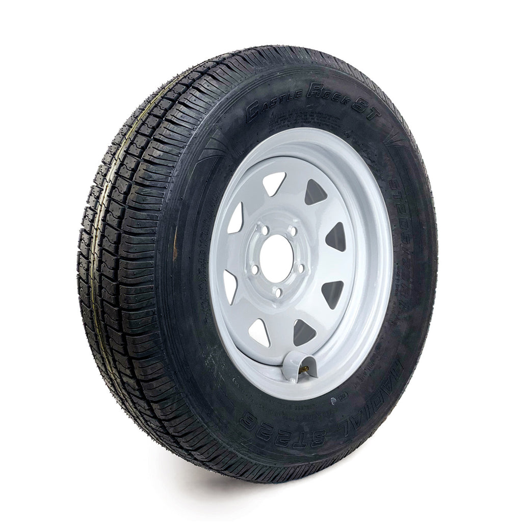 Pneu radial 205/75R15 6 plis LRC 1820 lbs Castle Rock et jante 15" 5 trous rally et protège-valve - RecreaShop