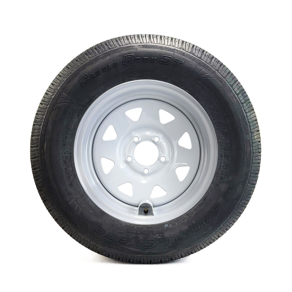 Pneu radial 205/75R15 6 plis LRC 1820 lbs Castle Rock et jante 15" 5 trous rally et protège-valve - RecreaShop