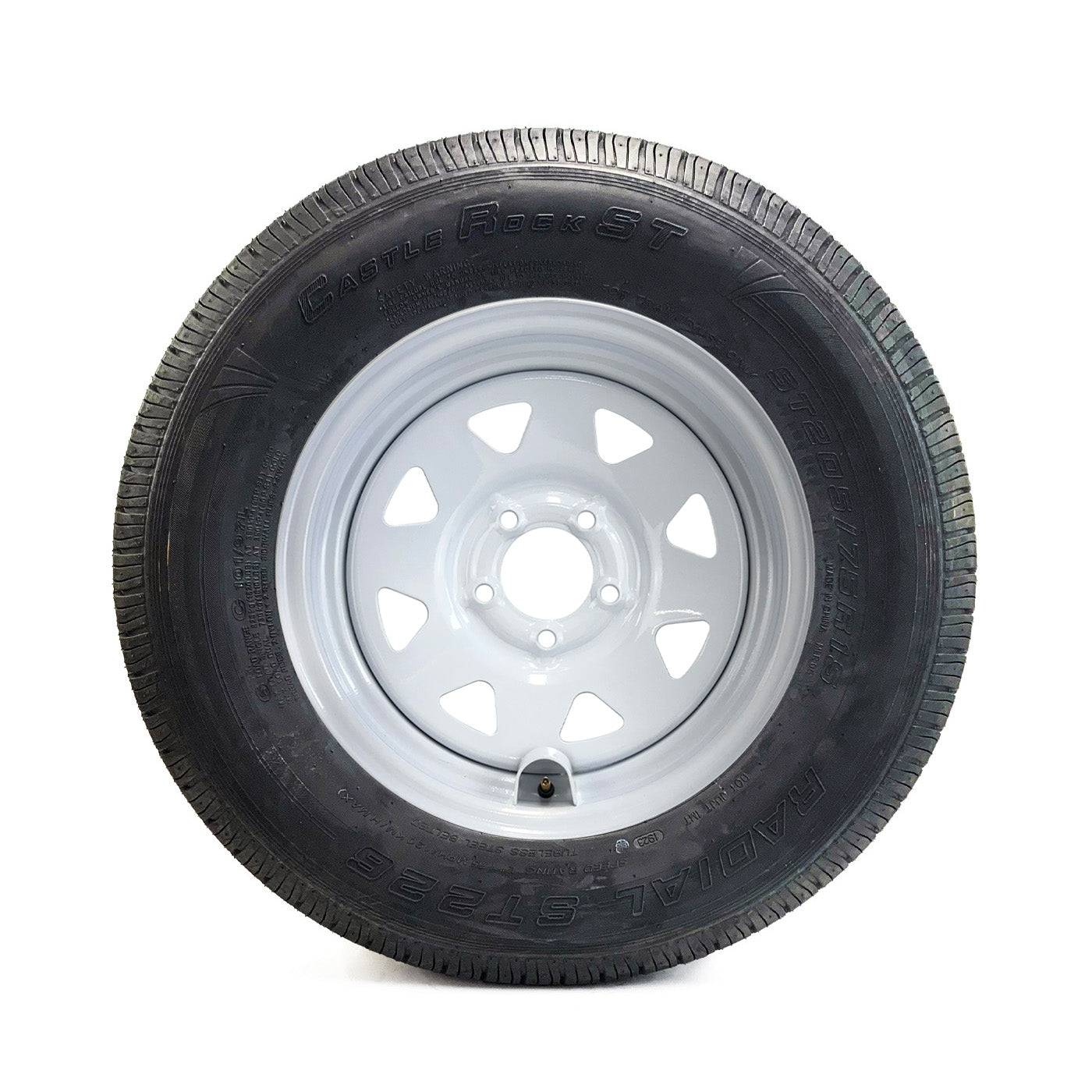 Pneu radial 205/75R15 6 plis LRC 1820 lbs Castle Rock et jante 15" 5 trous rally et protège-valve - RecreaShop