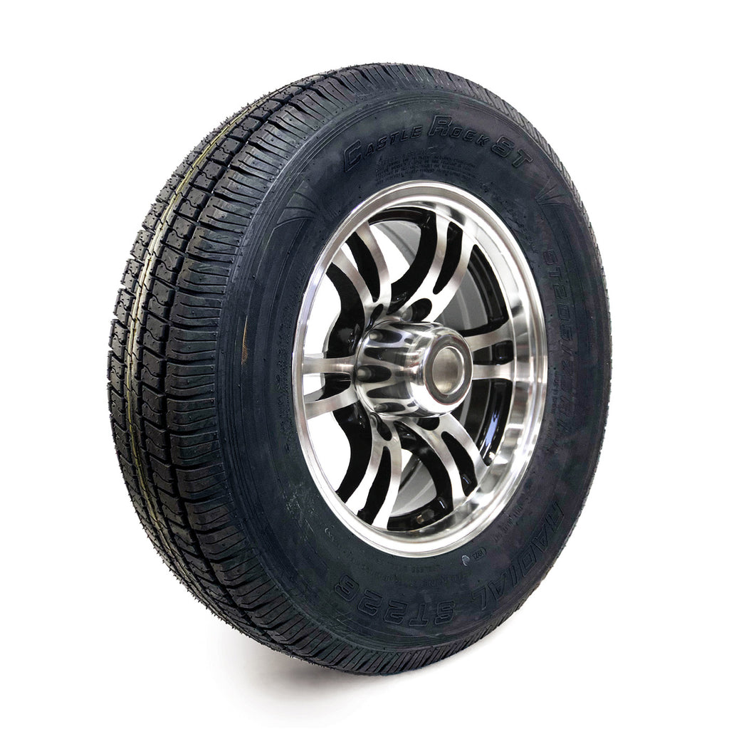 Pneu radial 205/75R15 6 plis LRC 1820 lbs Castle Rock et jante 15" 6 trous aluminium noir Jaguar - RecreaShop