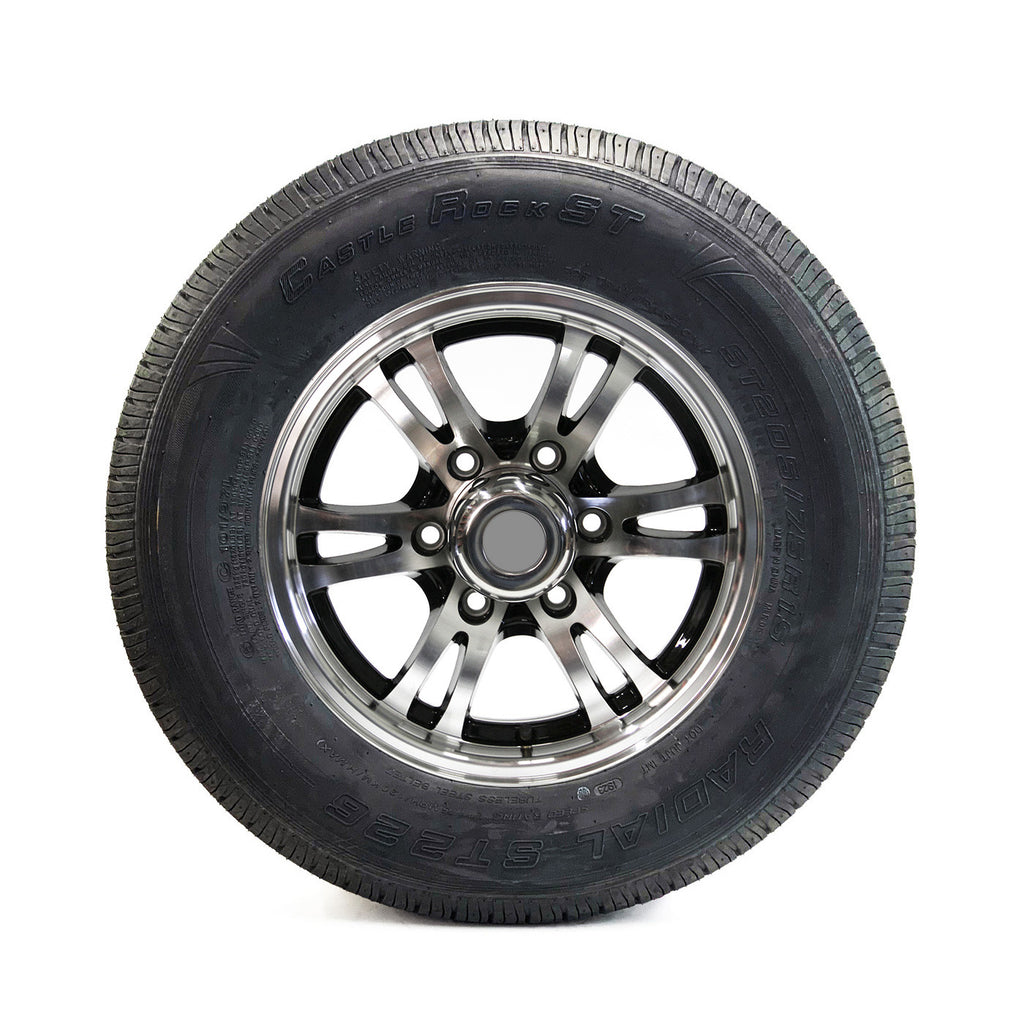 Pneu radial 205/75R15 6 plis LRC 1820 lbs Castle Rock et jante 15" 6 trous aluminium noir Jaguar - RecreaShop