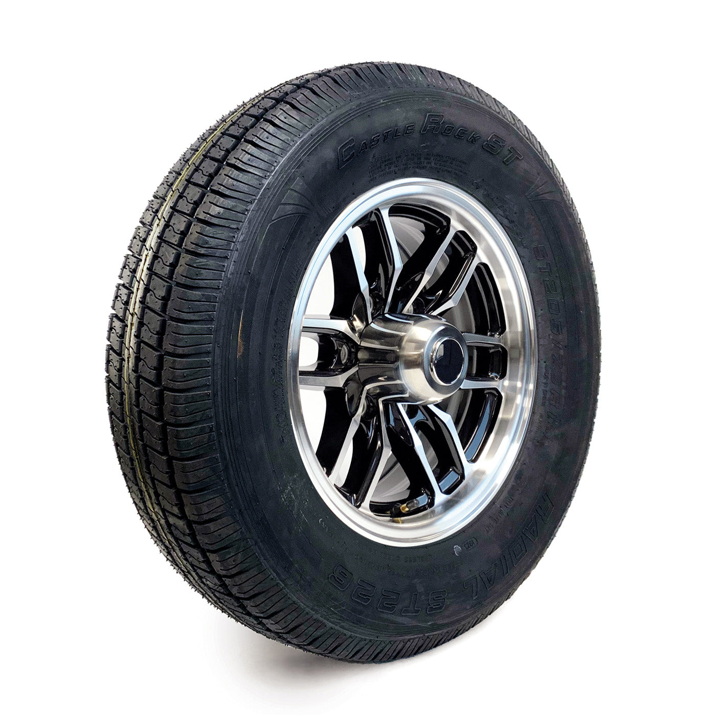 Pneu radial 205/75R15 6 plis LRC 1820 lbs Castle Rock et jante 15" 6 trous aluminium noir Osprey - RecreaShop