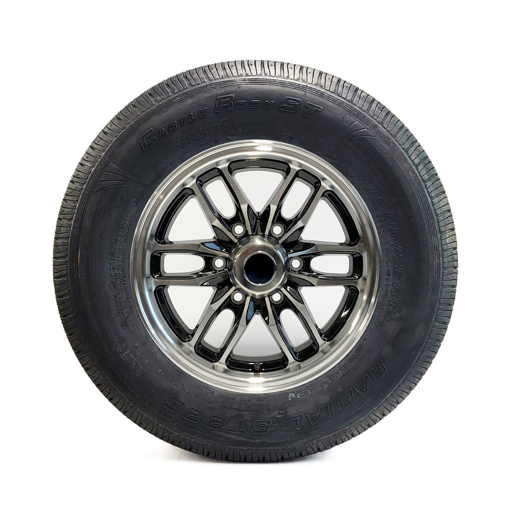 Pneu radial 205/75R15 6 plis LRC 1820 lbs Castle Rock et jante 15" 6 trous aluminium noir Osprey - RecreaShop