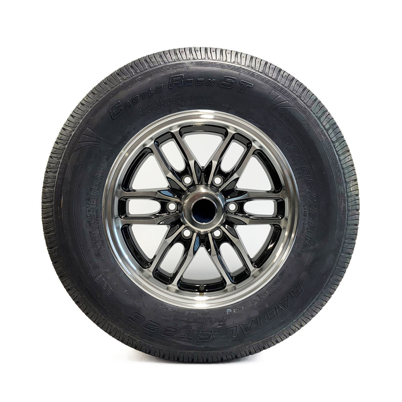Pneu radial 205/75R15 6 plis LRC 1820 lbs Castle Rock et jante 15" 6 trous aluminium noir Osprey - RecreaShop