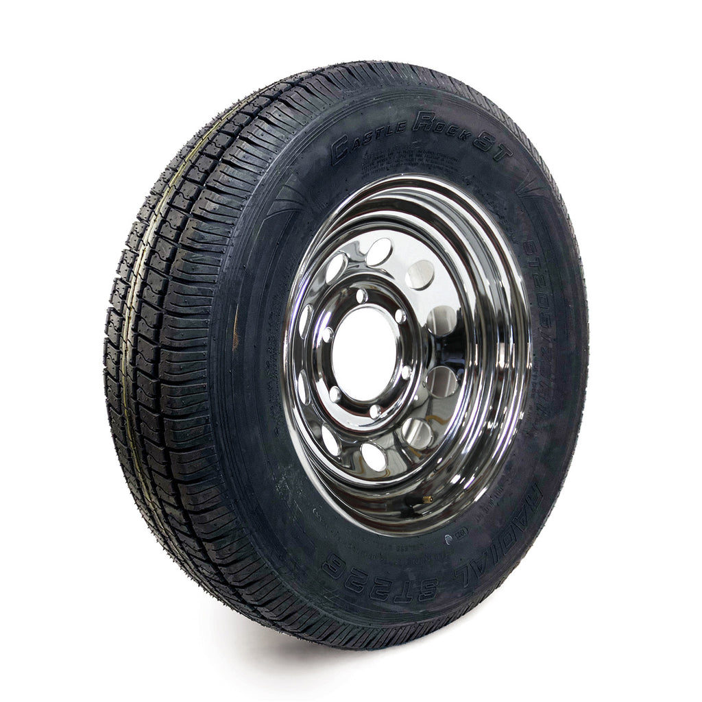 Pneu radial ST205/75R15 6 plis LRC 1820 lbs Castle Rock et jante 15" 6 trous chrome - RecreaShop