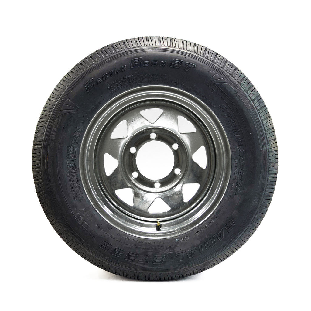 Pneu radial ST205/75R15 6 plis LRC 1820 lbs Castle Rock et jante 15" 6 trous galvanisée - RecreaShop