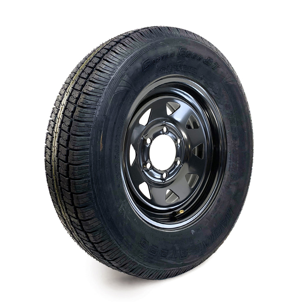 Pneu radial 205/75R15 6 plis LRC 1820 lbs Castle Rock et jante 15" 6 trous noire rally - RecreaShop