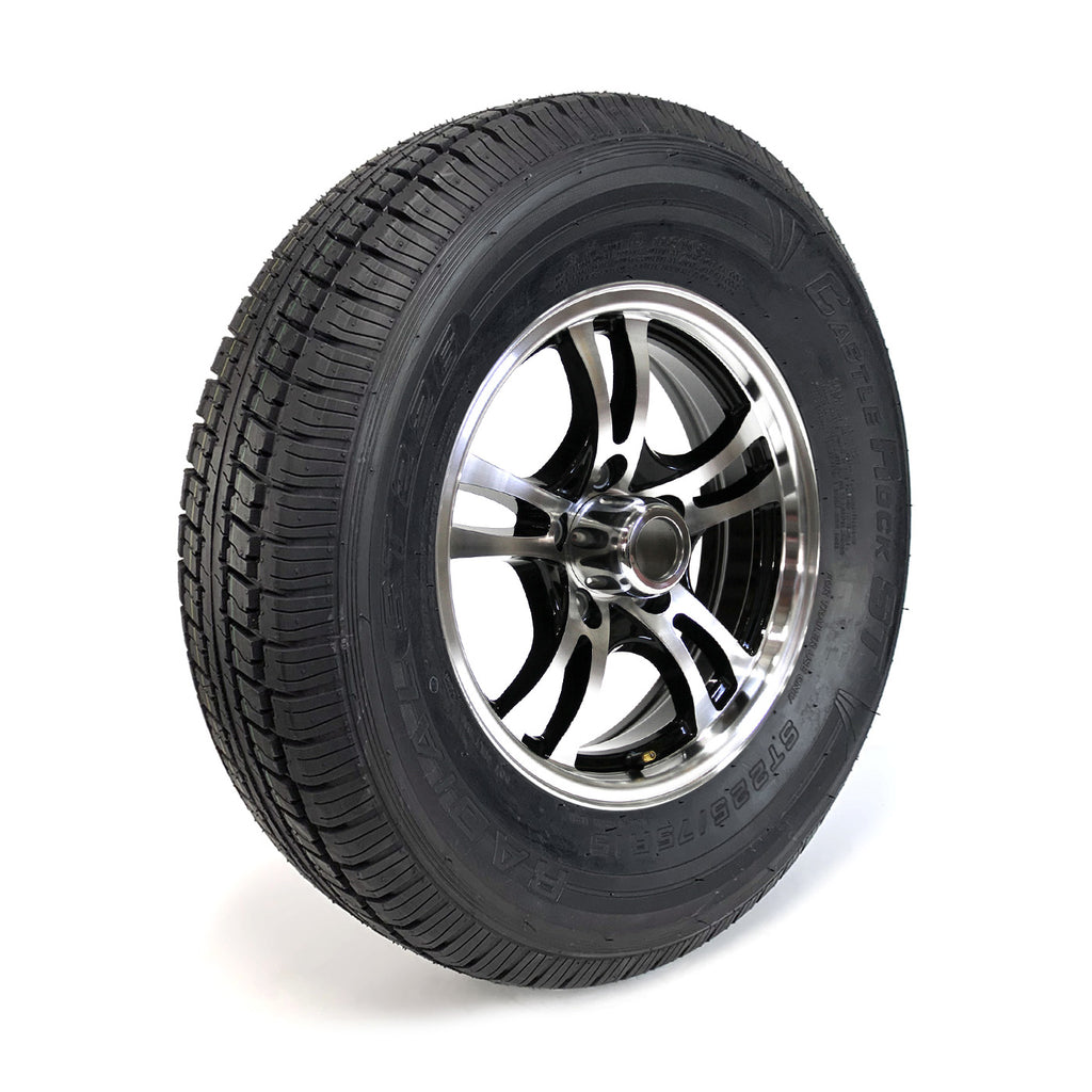 Pneu radial 225/75R15 8 plis LRD 2540 lbs Castle Rock et jante 15" 5 trous aluminium noir Jaguar - RecreaShop