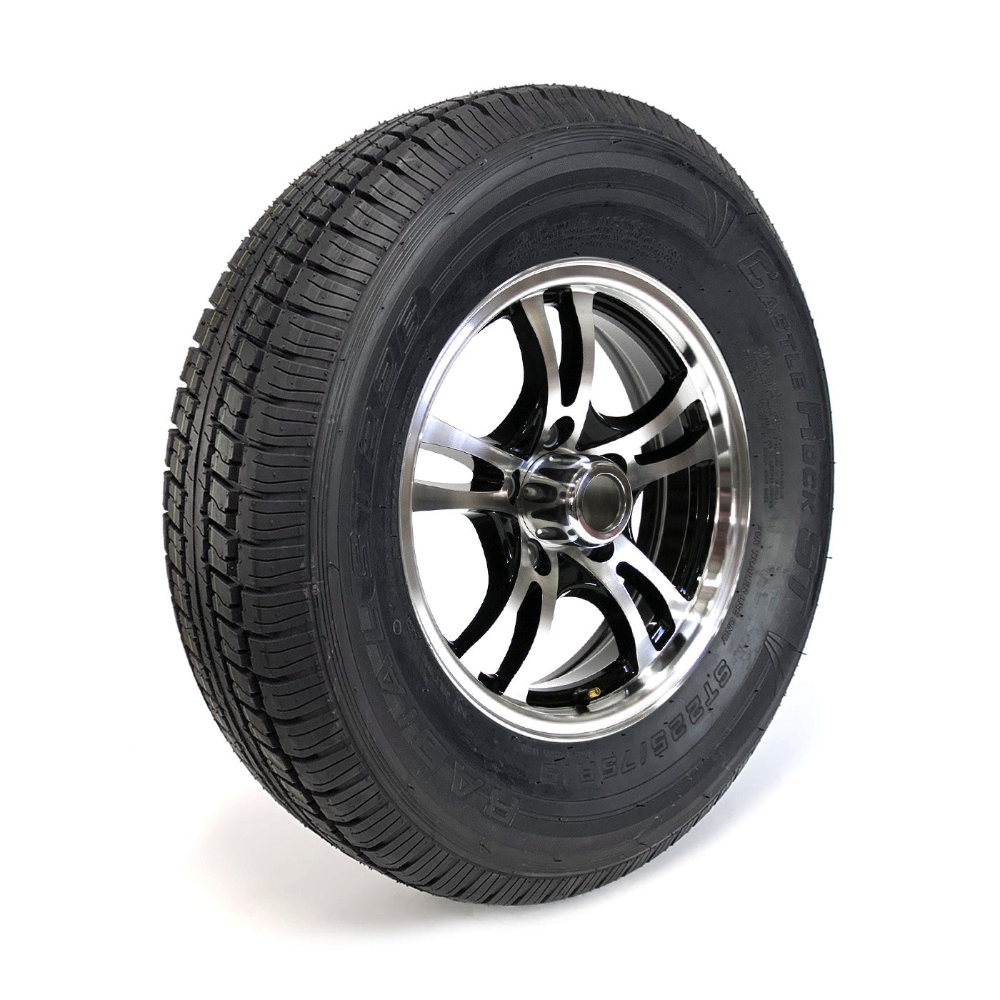 Pneu radial 225/75R15 8 plis LRD 2540 lbs Castle Rock et jante 15" 5 trous aluminium noir Jaguar - RecreaShop