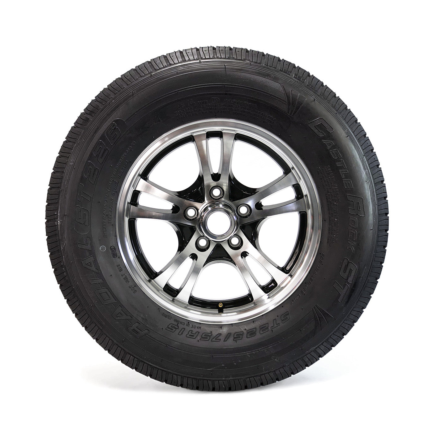 Pneu radial 225/75R15 8 plis LRD 2540 lbs Castle Rock et jante 15" 5 trous aluminium noir Jaguar - RecreaShop