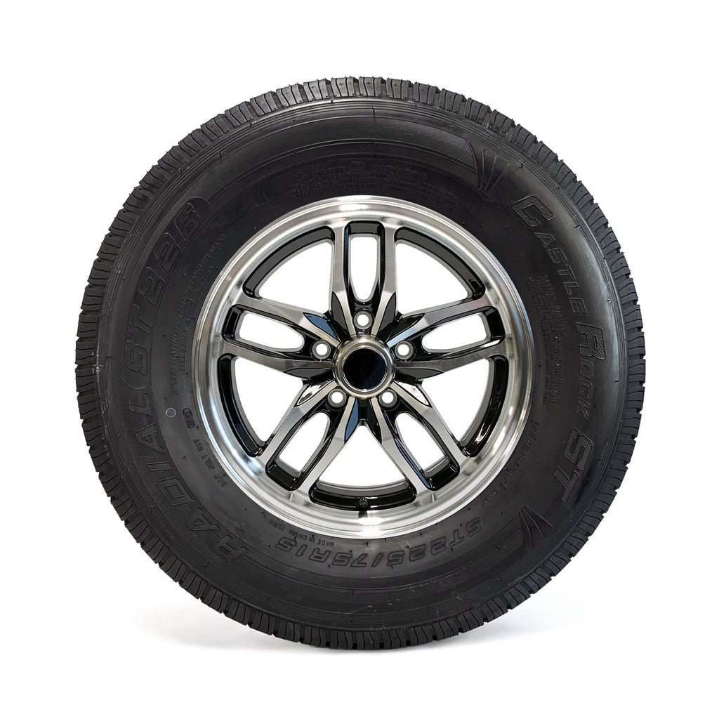 Pneu radial 225/75R15 8 plis LRD 2540 lbs Castle Rock et jante 15" 5 trous aluminium noir Osprey - RecreaShop