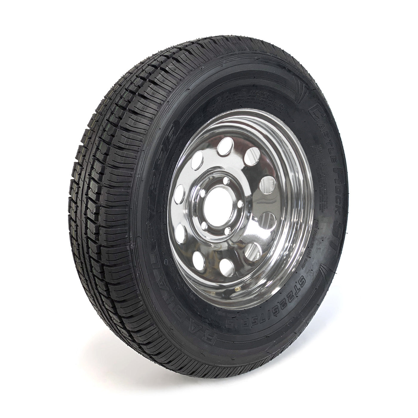 Pneu radial 225/75R15 8 plis LRD 2540 lbs Castle Rock et jante 15" 5 trous chrome - RecreaShop