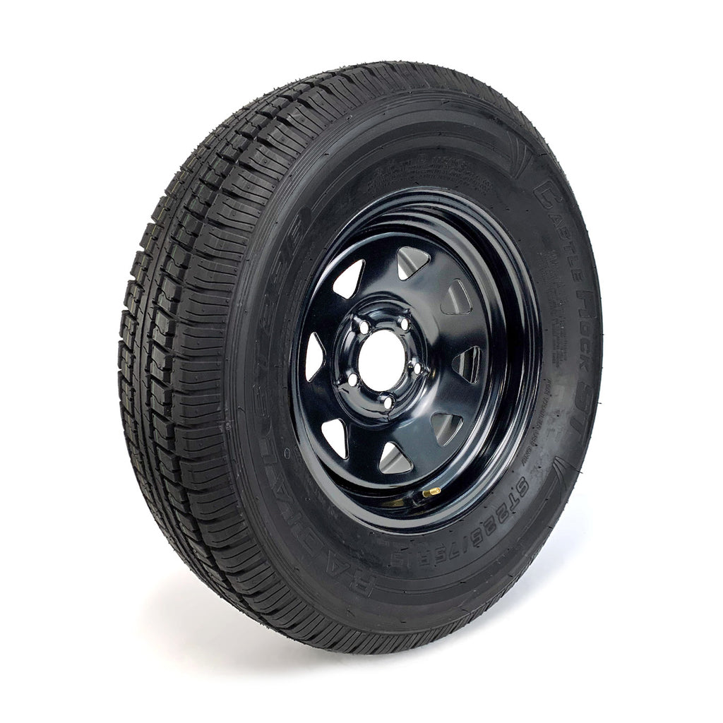 Pneu radial 225/75R15 8 plis LRD 2540 lbs Castle Rock et jante 15" 5 trous noire rally - RecreaShop
