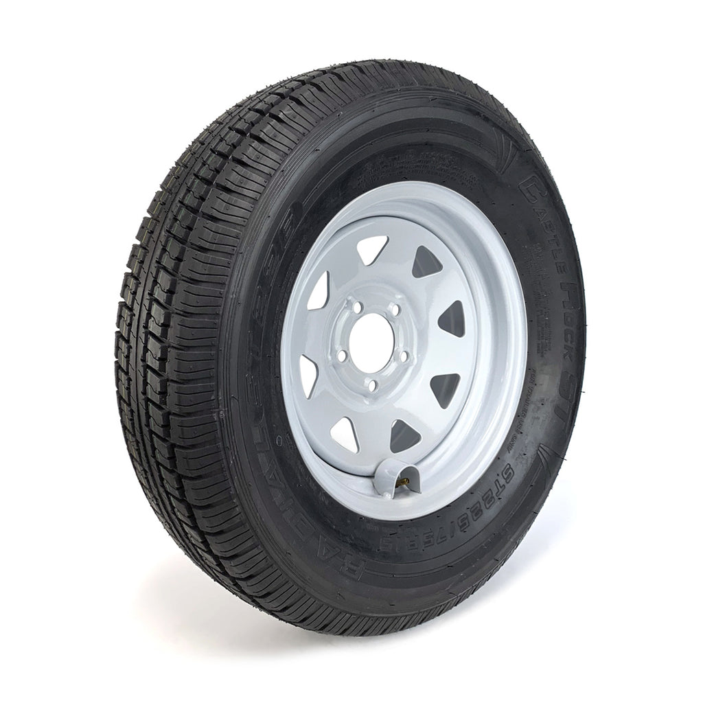 Pneu radial 225/75R15 8 plis LRD 2540 lbs Castle Rock et jante 15" 5 trous rally et protège valve - RecreaShop