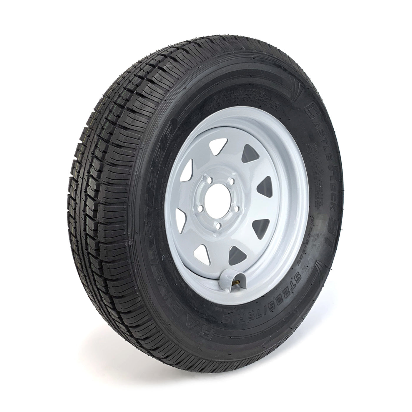 Pneu radial 225/75R15 8 plis LRD 2540 lbs Castle Rock et jante 15" 5 trous rally et protège valve - RecreaShop