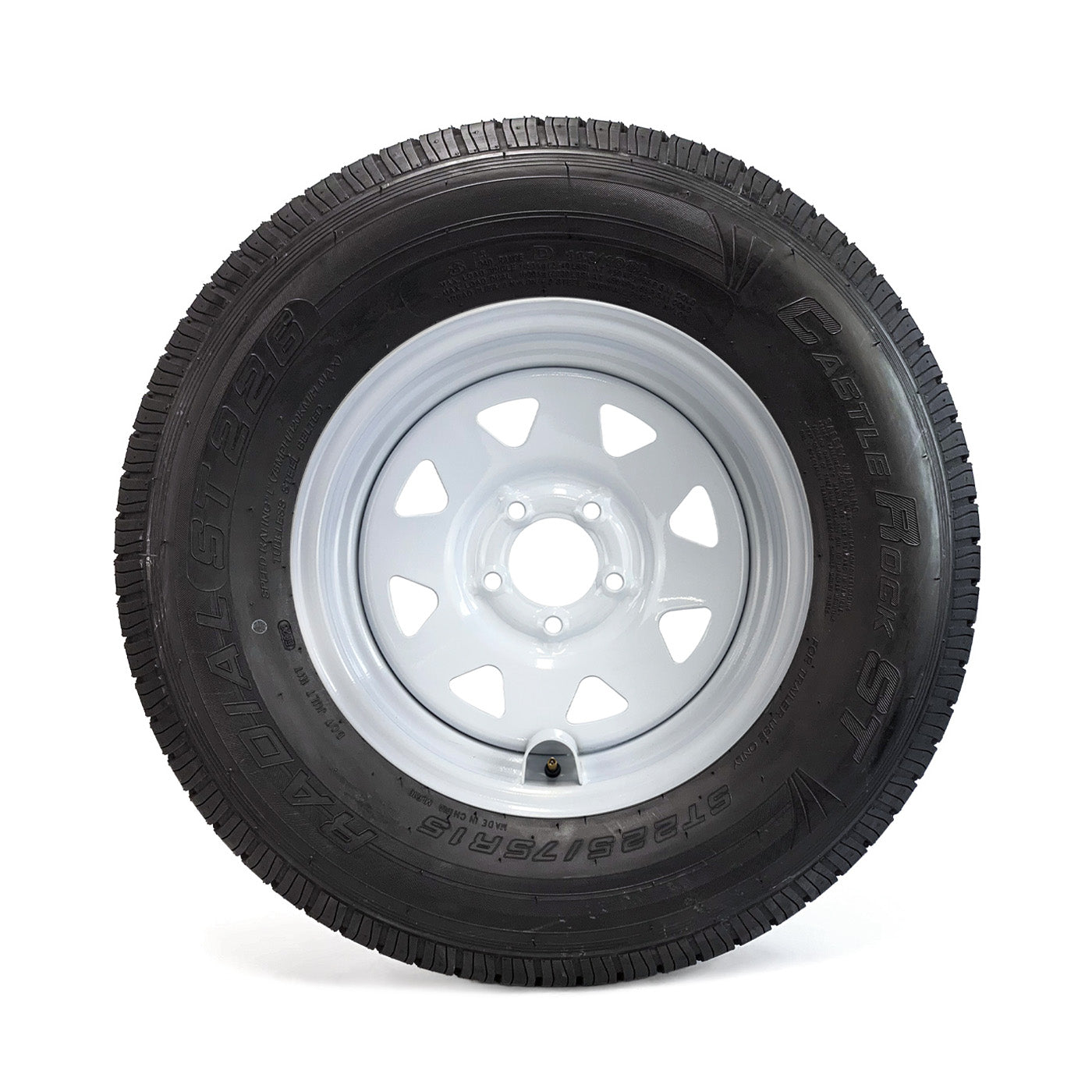 Pneu radial 225/75R15 8 plis LRD 2540 lbs Castle Rock et jante 15" 5 trous rally et protège valve - RecreaShop