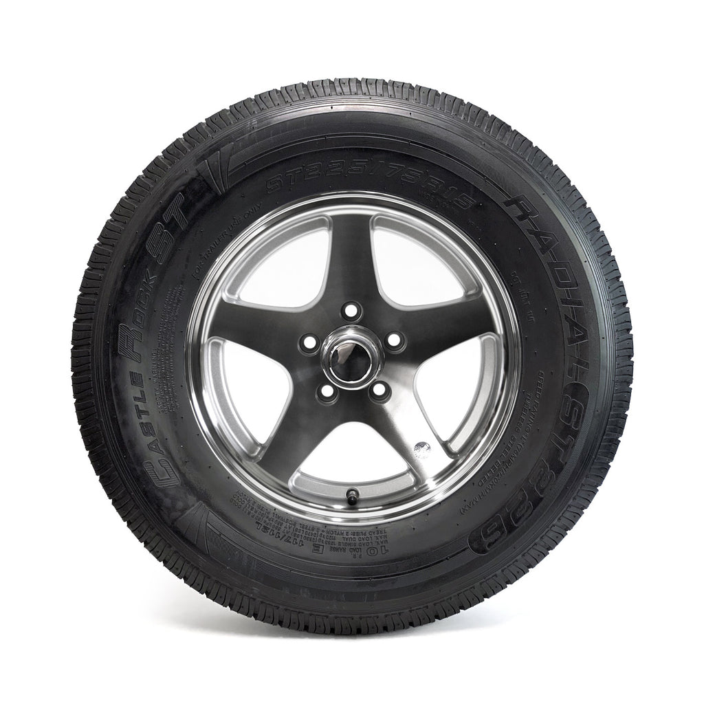 Pneu radial 225/75R15 10 plis LRE 2830 lbs Castle Rock et jante 15" 5 trous Five Star aluminium - RecreaShop