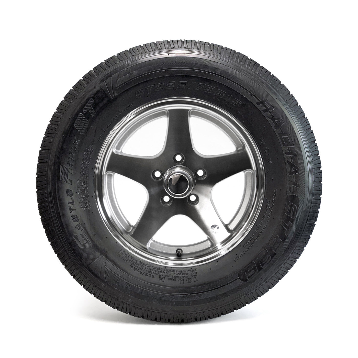 Pneu radial 225/75R15 10 plis LRE 2830 lbs Castle Rock et jante 15" 5 trous Five Star aluminium - RecreaShop