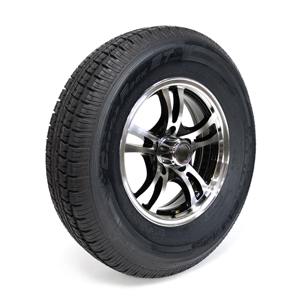 Pneu radial 225/75R15 10 plis LRE 2830 lbs Castle Rock et jante 15" 5 trous aluminium noir Jaguar - RecreaShop