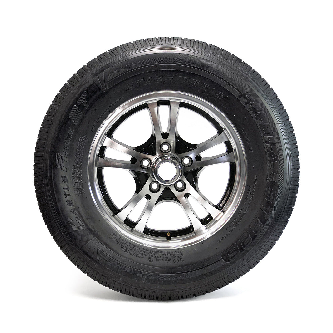 Pneu radial 225/75R15 10 plis LRE 2830 lbs Castle Rock et jante 15" 5 trous aluminium noir Jaguar - RecreaShop