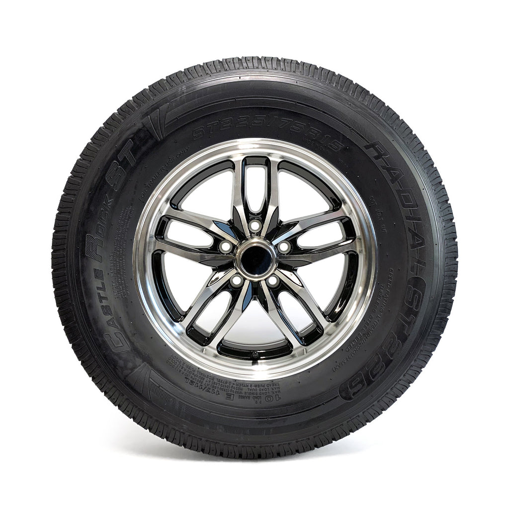 Pneu radial 225/75R15 10 plis LRE 2830 lbs Castle Rock et jante 15" 5 trous aluminium noir Osprey - RecreaShop