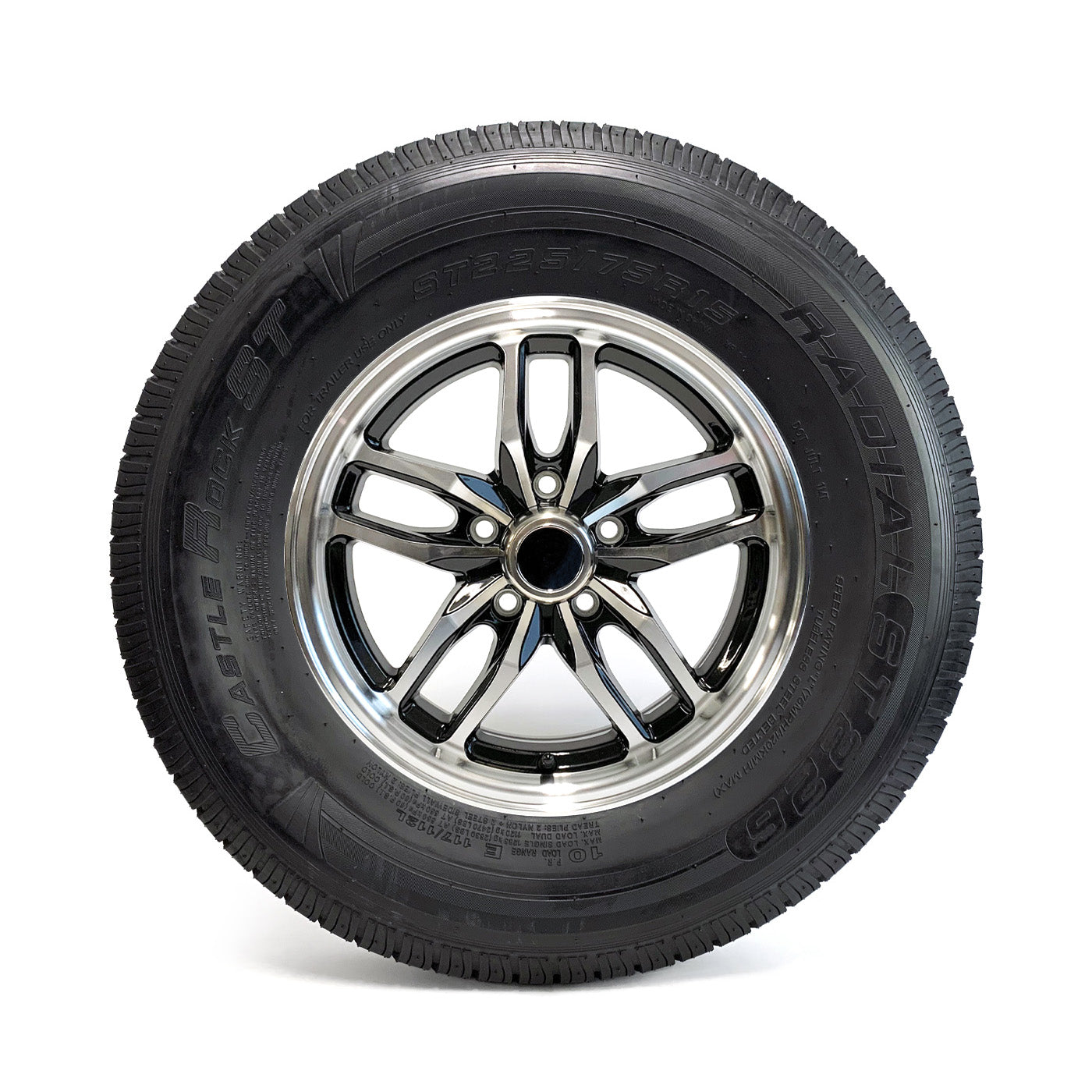 Pneu radial 225/75R15 10 plis LRE 2830 lbs Castle Rock et jante 15" 5 trous aluminium noir Osprey - RecreaShop