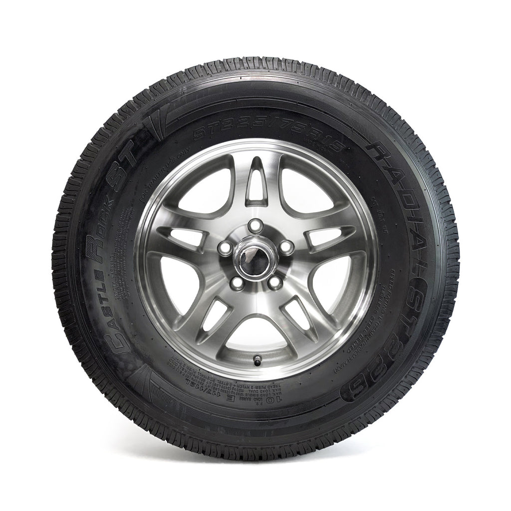 Pneu radial 225/75R15 10 plis LRE 2830 lbs Castle Rock et jante 15" 5 trous aluminium modèle-S5 - RecreaShop