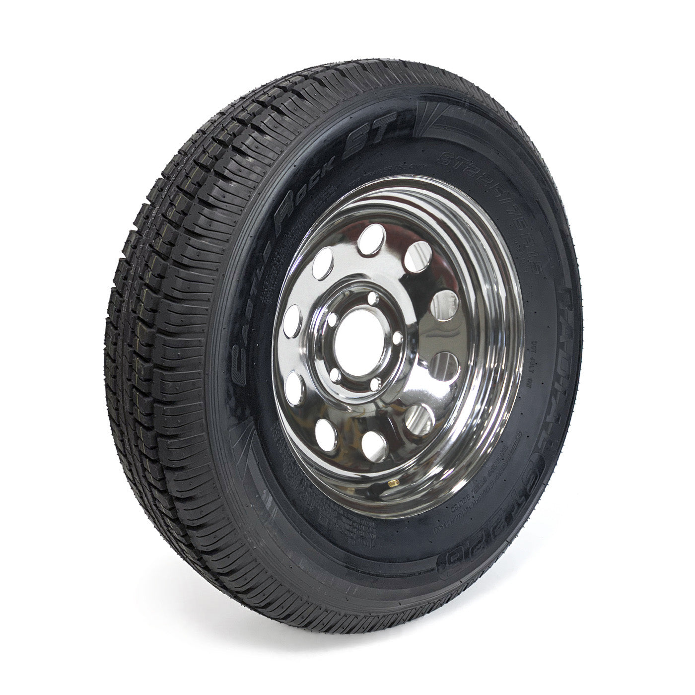 Pneu radial 225/75R15 10 plis LRE 2830 lbs Castle Rock et jante 15" 5 trous chrome - RecreaShop
