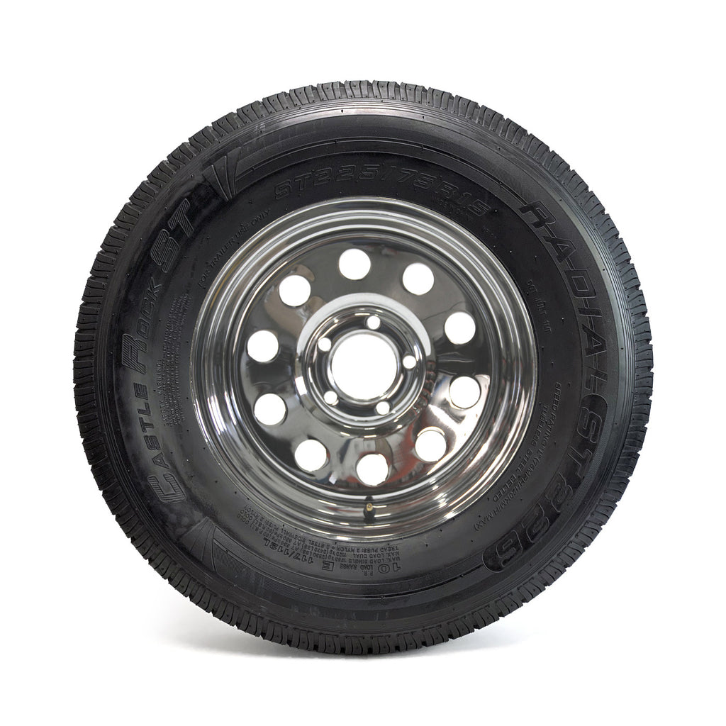 Pneu radial 225/75R15 10 plis LRE 2830 lbs Castle Rock et jante 15" 5 trous chrome - RecreaShop