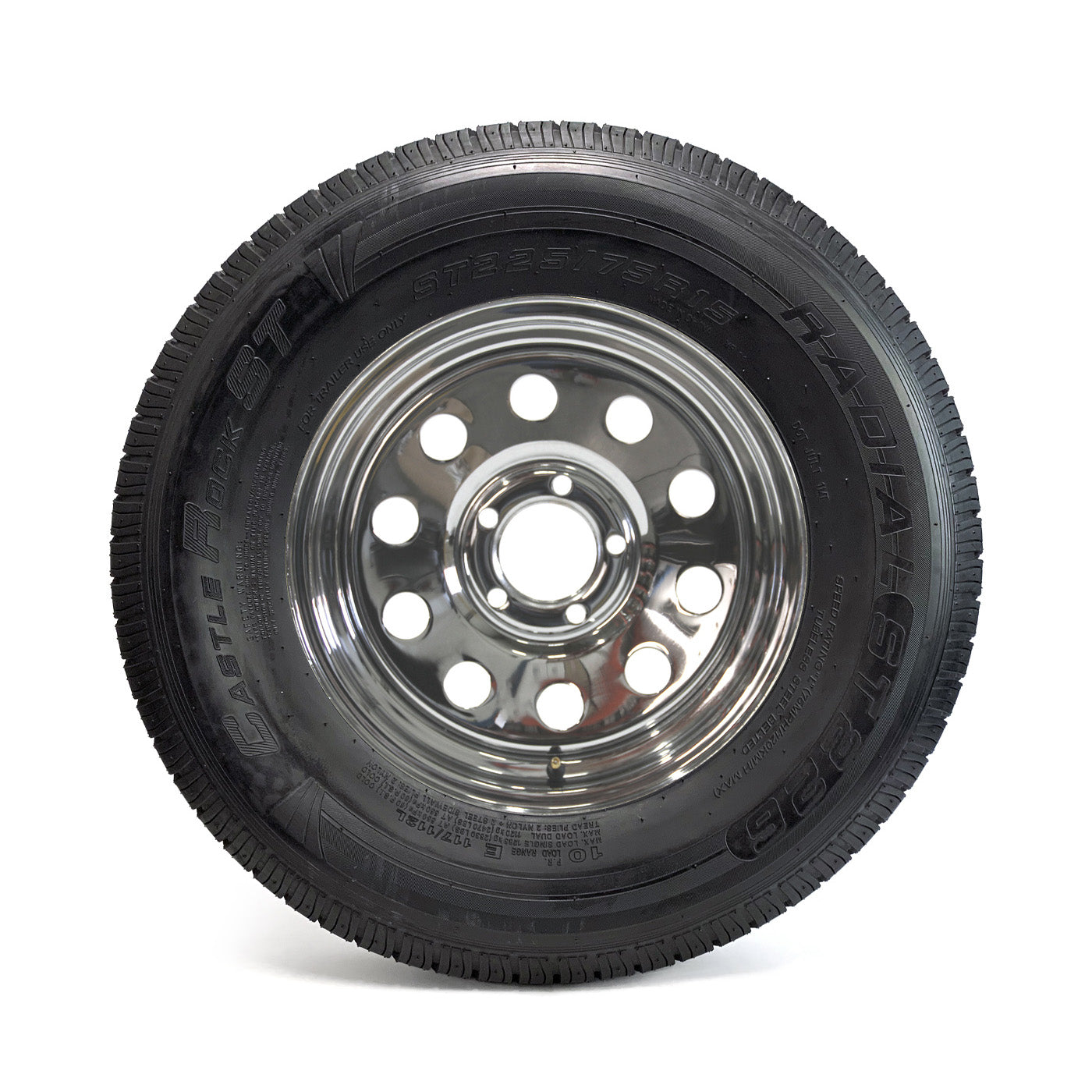 Pneu radial 225/75R15 10 plis LRE 2830 lbs Castle Rock et jante 15" 5 trous chrome - RecreaShop
