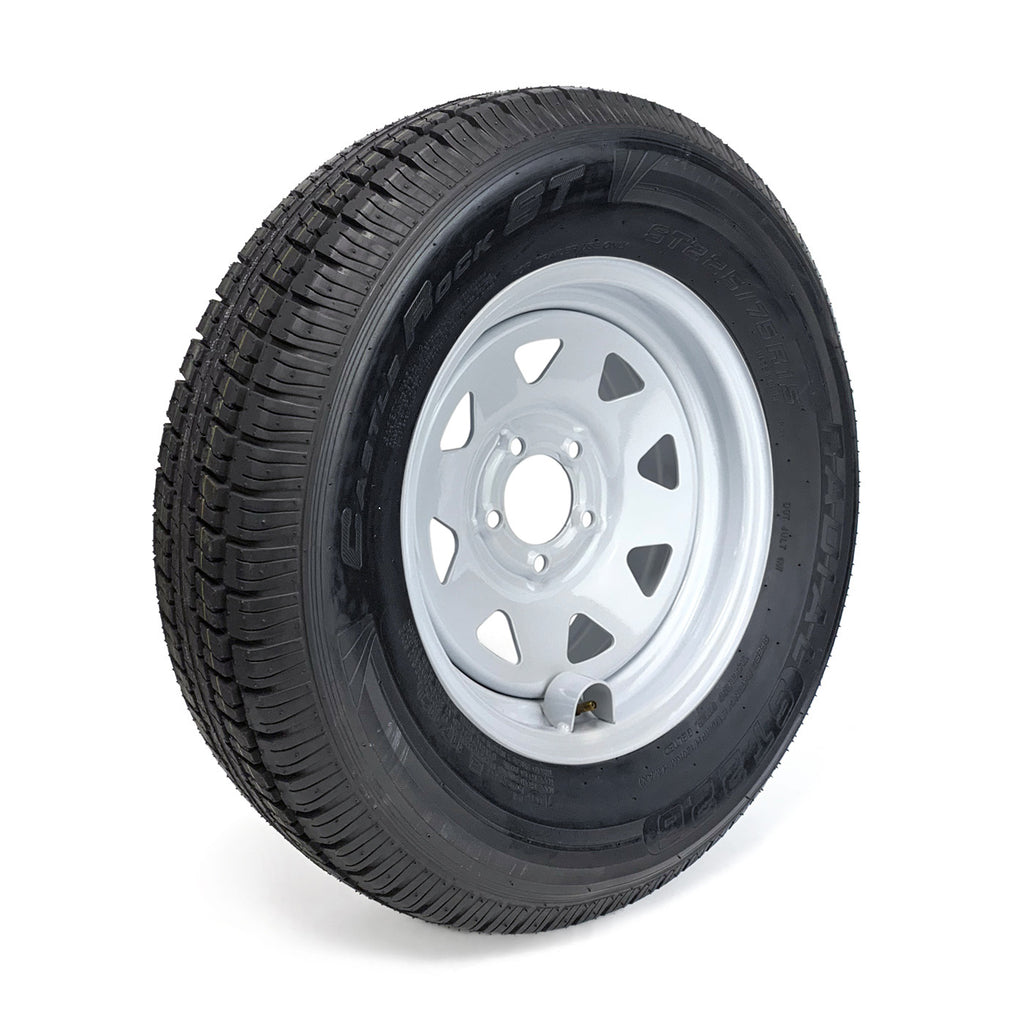 Pneu radial 225/75R15 10 plis LRE 2830 lbs Castle Rock et jante 15" 5 trous rally et protège valve - RecreaShop
