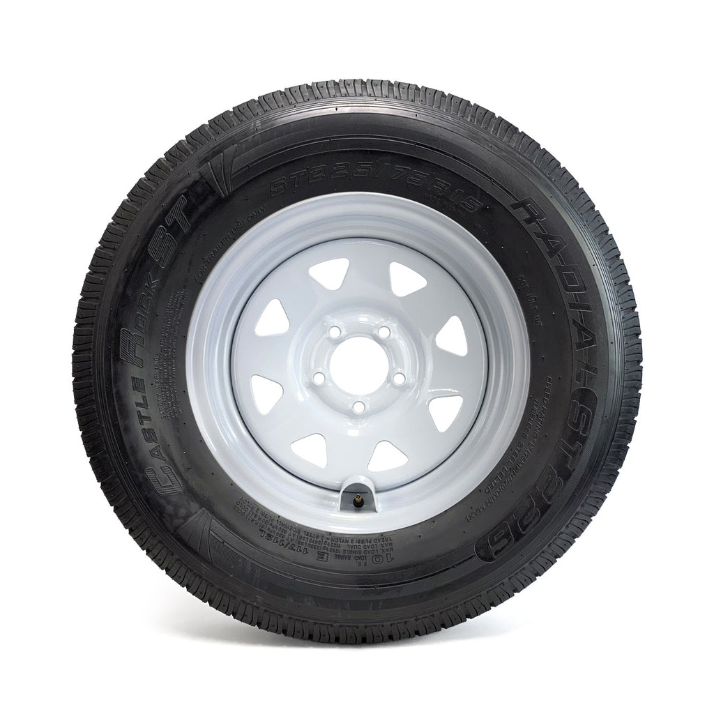 Pneu radial 225/75R15 10 plis LRE 2830 lbs Castle Rock et jante 15" 5 trous rally et protège valve - RecreaShop