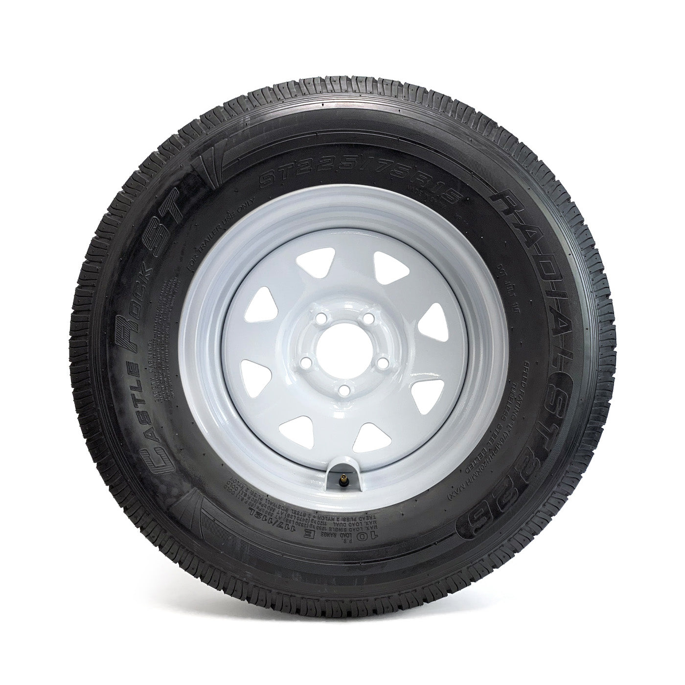 Pneu radial 225/75R15 10 plis LRE 2830 lbs Castle Rock et jante 15" 5 trous rally et protège valve - RecreaShop