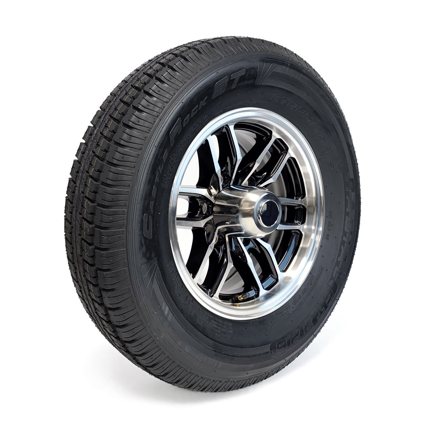 Pneu radial 225/75R15 10 plis LRE 2830 lbs Castle Rock et jante 15" 6 trous aluminium noir Osprey - RecreaShop