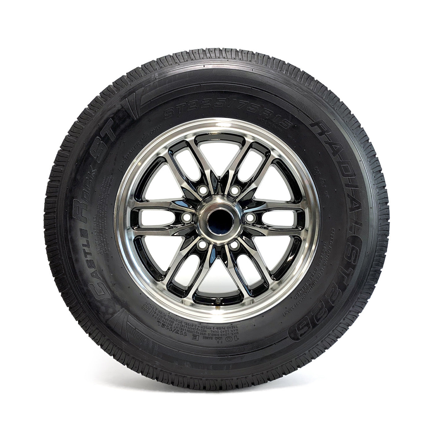 Pneu radial 225/75R15 10 plis LRE 2830 lbs Castle Rock et jante 15" 6 trous aluminium noir Osprey - RecreaShop