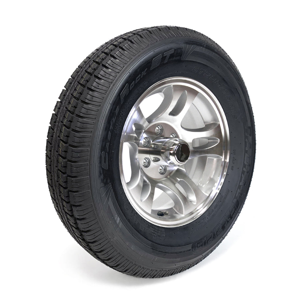 Pneu radial 225/75R15 10 plis LRE 2830 lbs Castle Rock et jante 15" 6 trous aluminium modèle-S5 - RecreaShop