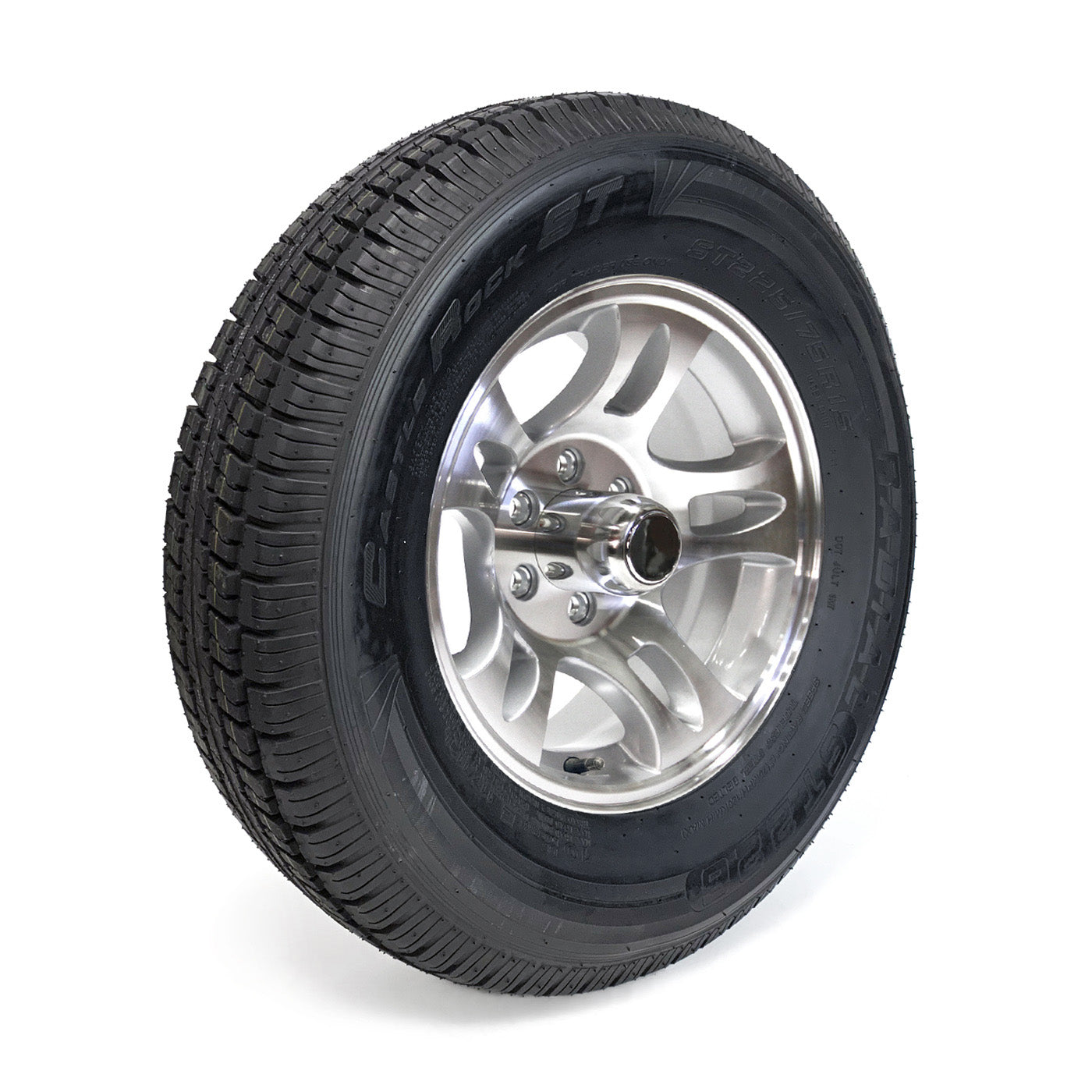 Pneu radial 225/75R15 10 plis LRE 2830 lbs Castle Rock et jante 15" 6 trous aluminium modèle-S5 - RecreaShop